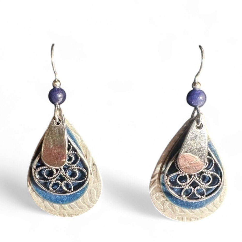 Ornate Silver and Blue Teardrop Filigree Earrings